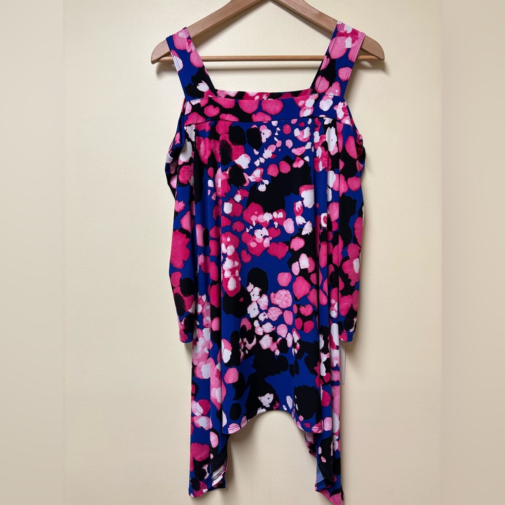 Clara Sunwoo Cold Shoulder Flowy Tunic Blouse Pink Blue Black - Medium NWT